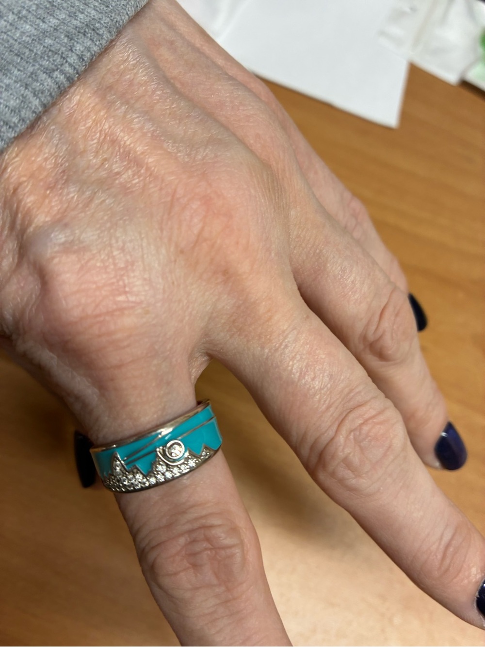 Turquoise Enamel Dome Ring with Clear Crystal Accent